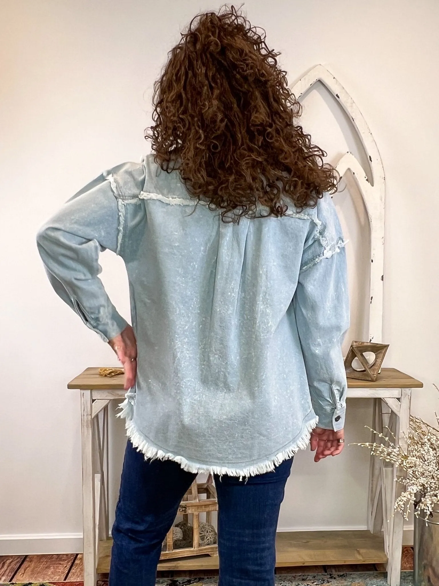 Washed Oversized Denim Chambray Jacket - Indigo