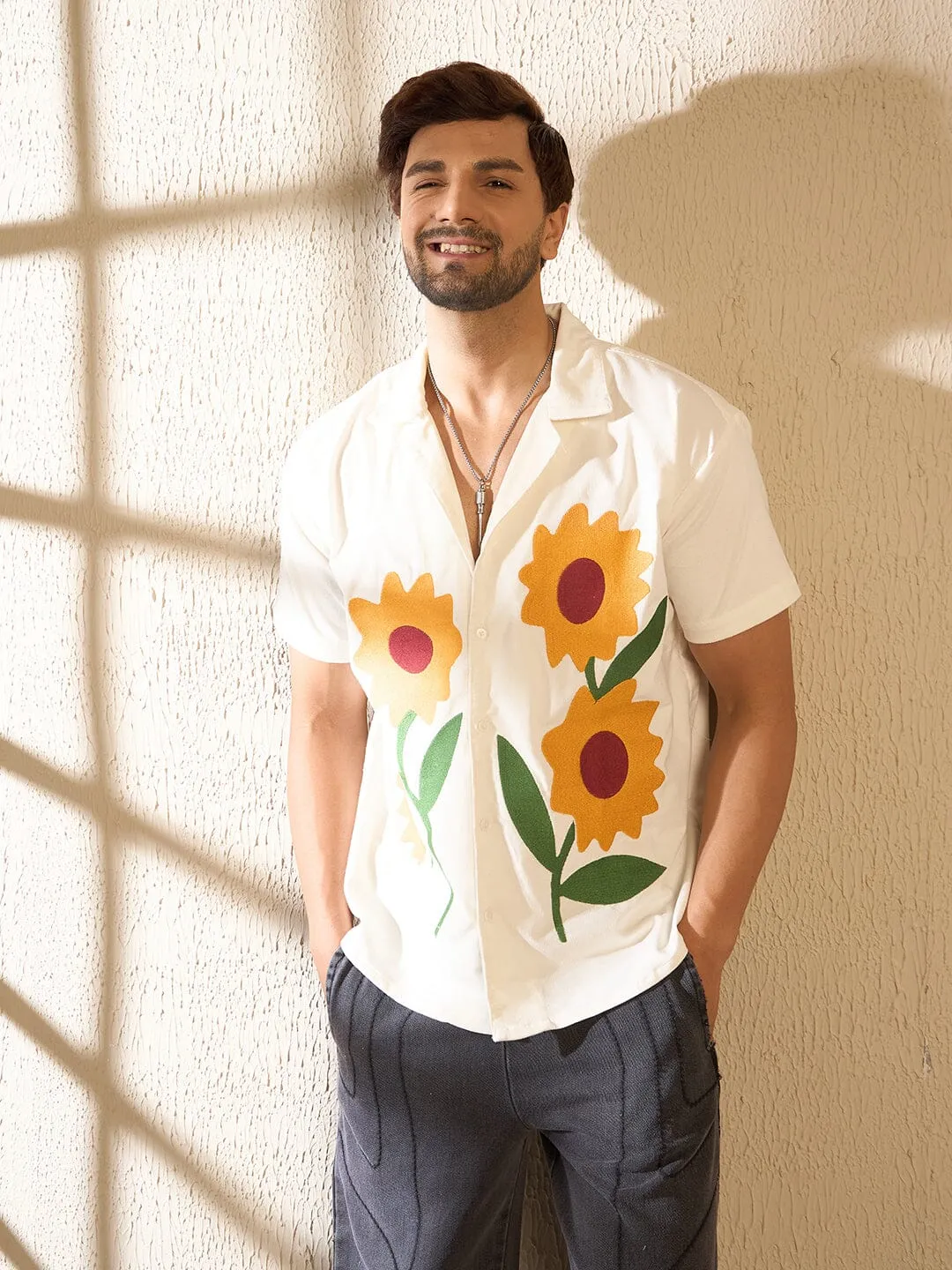 White Corduroy Sunflower Cuban Shirt