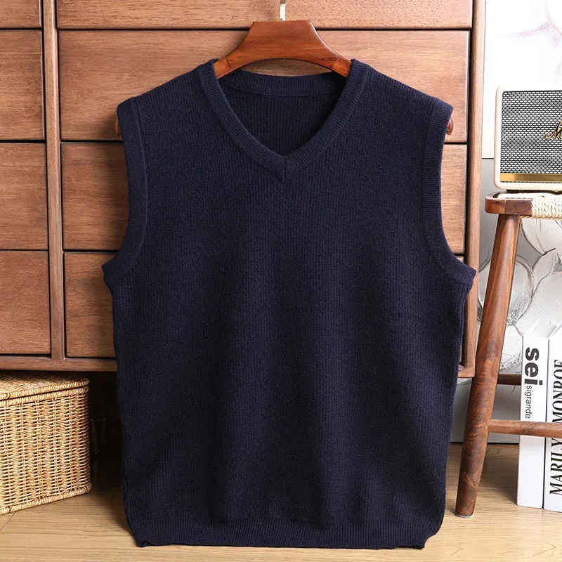 Wiaofellas  -  Sweater Vest Men Thicken V-neck Sleeveless Knitted Vests Anti-Pilling Knitted Waistcoat Ingot Needle Jacquard Solid Color