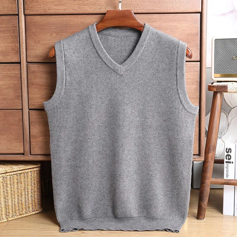 Wiaofellas  -  Sweater Vest Men Thicken V-neck Sleeveless Knitted Vests Anti-Pilling Knitted Waistcoat Ingot Needle Jacquard Solid Color