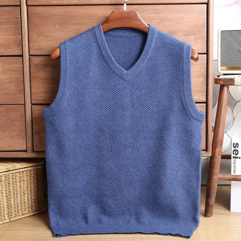 Wiaofellas  -  Sweater Vest Men Thicken V-neck Sleeveless Knitted Vests Anti-Pilling Knitted Waistcoat Ingot Needle Jacquard Solid Color