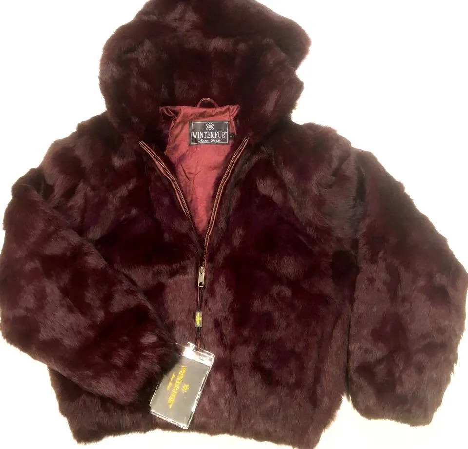 Winter Fur Women's Burgundy Bomber Rabbit Fur Coat