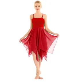 Women Ballet Dance Costume Camisole Dress Asymmetrical Chiffon Skirted Leotard