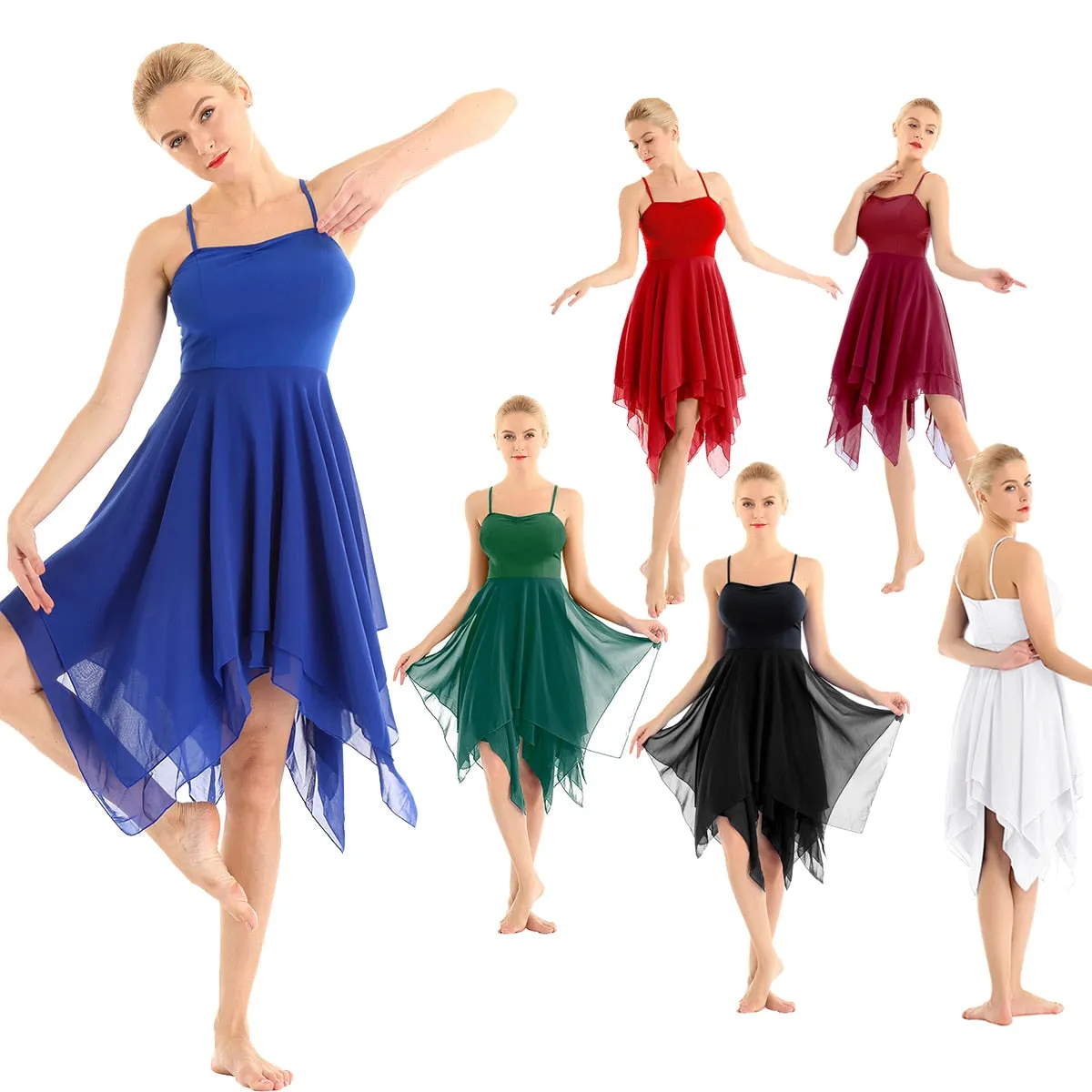 Women Ballet Dance Costume Camisole Dress Asymmetrical Chiffon Skirted Leotard