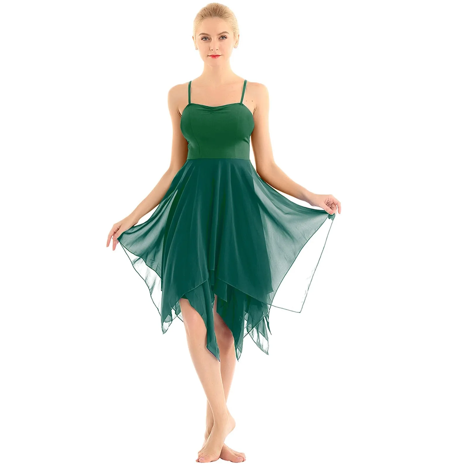 Women Ballet Dance Costume Camisole Dress Asymmetrical Chiffon Skirted Leotard