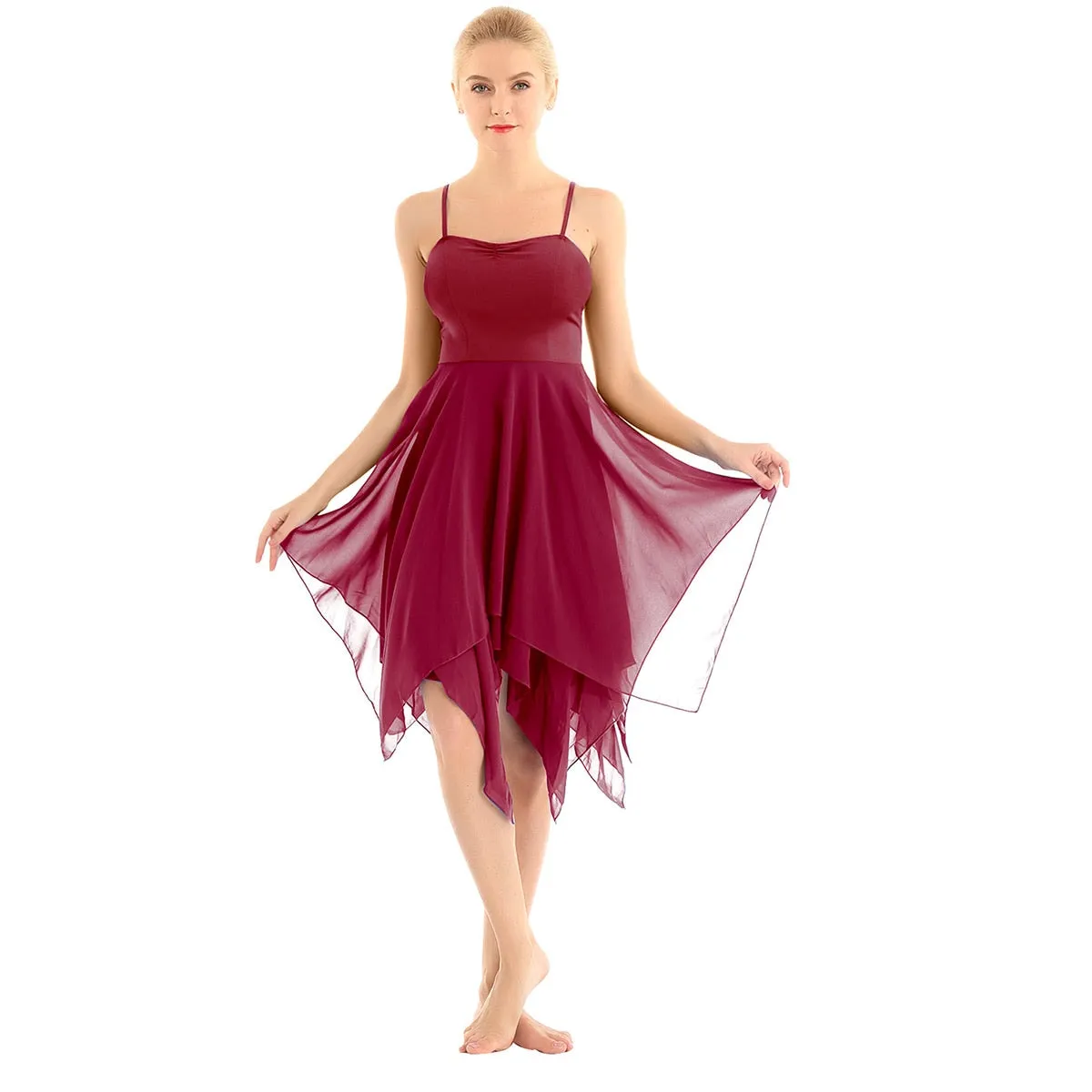 Women Ballet Dance Costume Camisole Dress Asymmetrical Chiffon Skirted Leotard