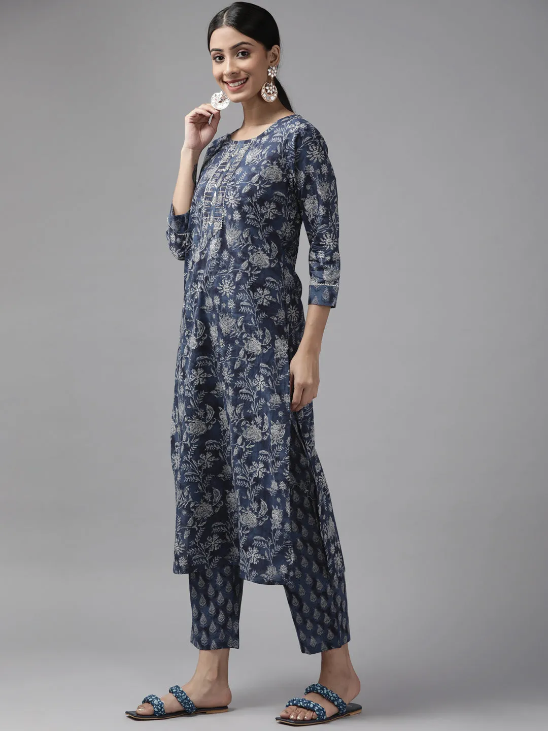 Women Blue Floral Print Hand Work Cotton Straight Kurta Trousers & Dupatta Set