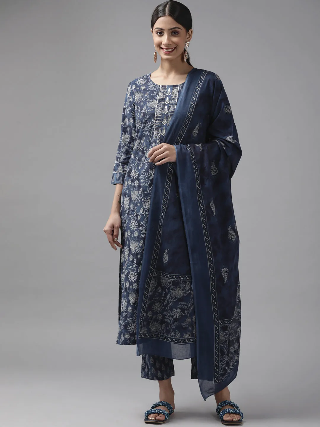 Women Blue Floral Print Hand Work Cotton Straight Kurta Trousers & Dupatta Set