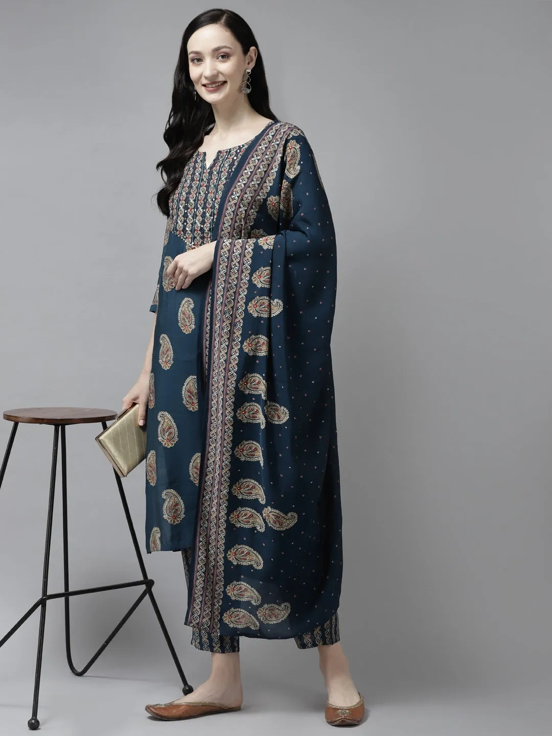 Women Blue Silk Blend Kurta Set With Dupatta