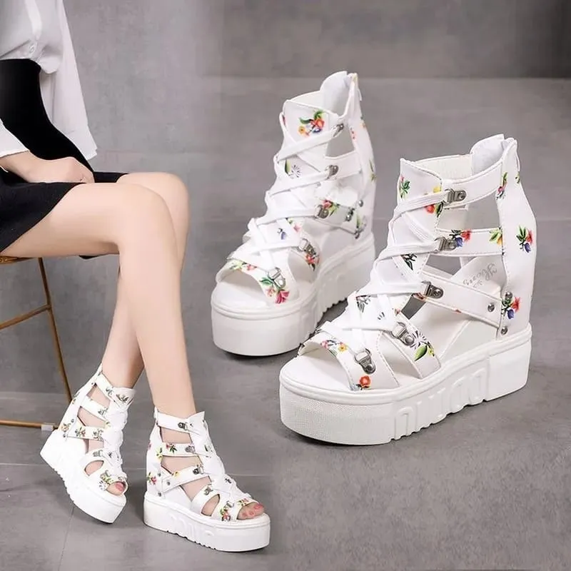 Women Floral Graphic Lace-Up Front Wedge Summer Sandals