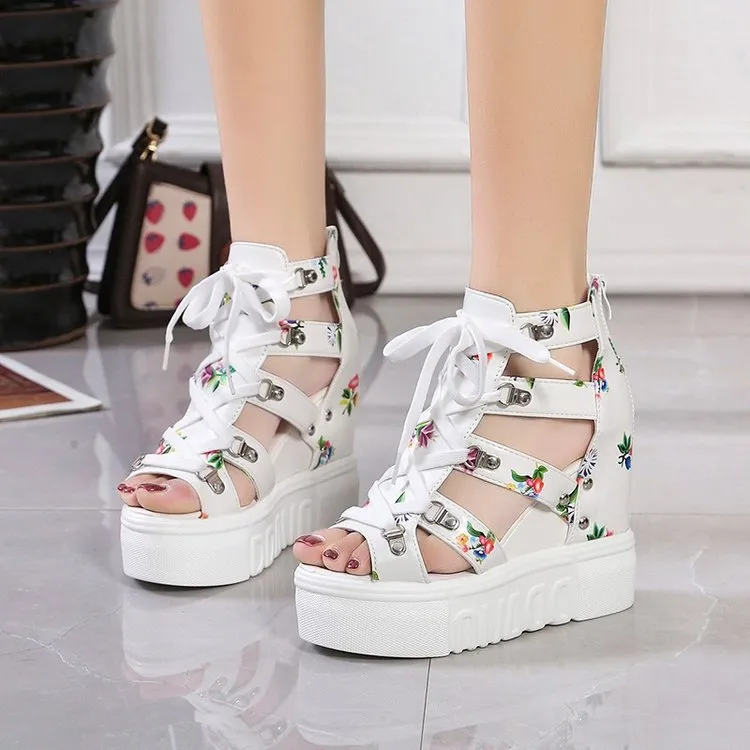 Women Floral Graphic Lace-Up Front Wedge Summer Sandals