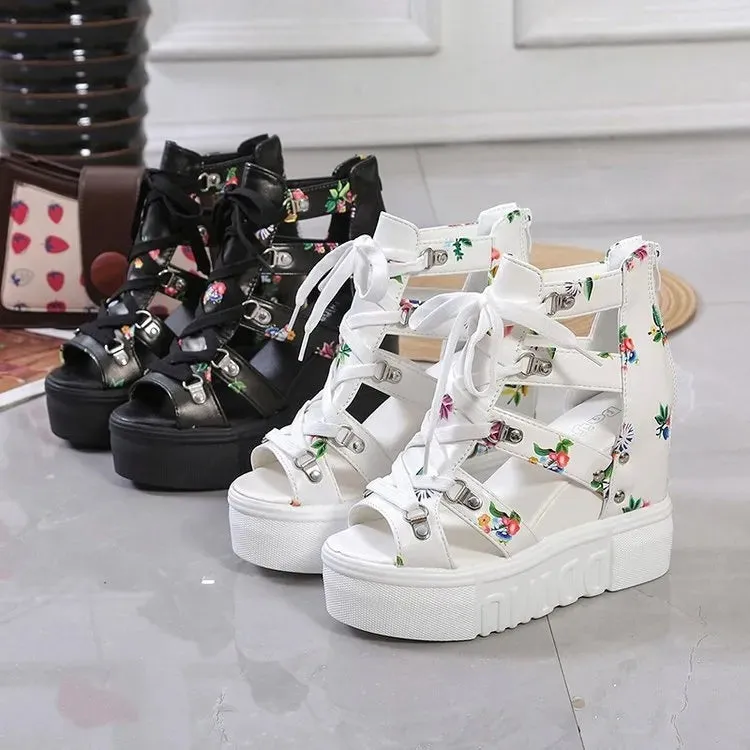 Women Floral Graphic Lace-Up Front Wedge Summer Sandals