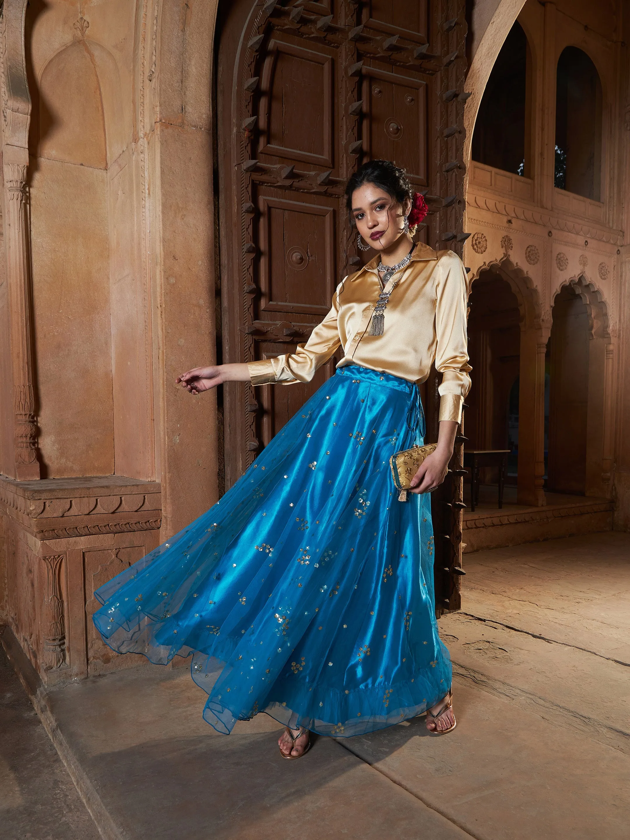 Women Gold Satin Shirt With Teal Tulle Sequin Skirt