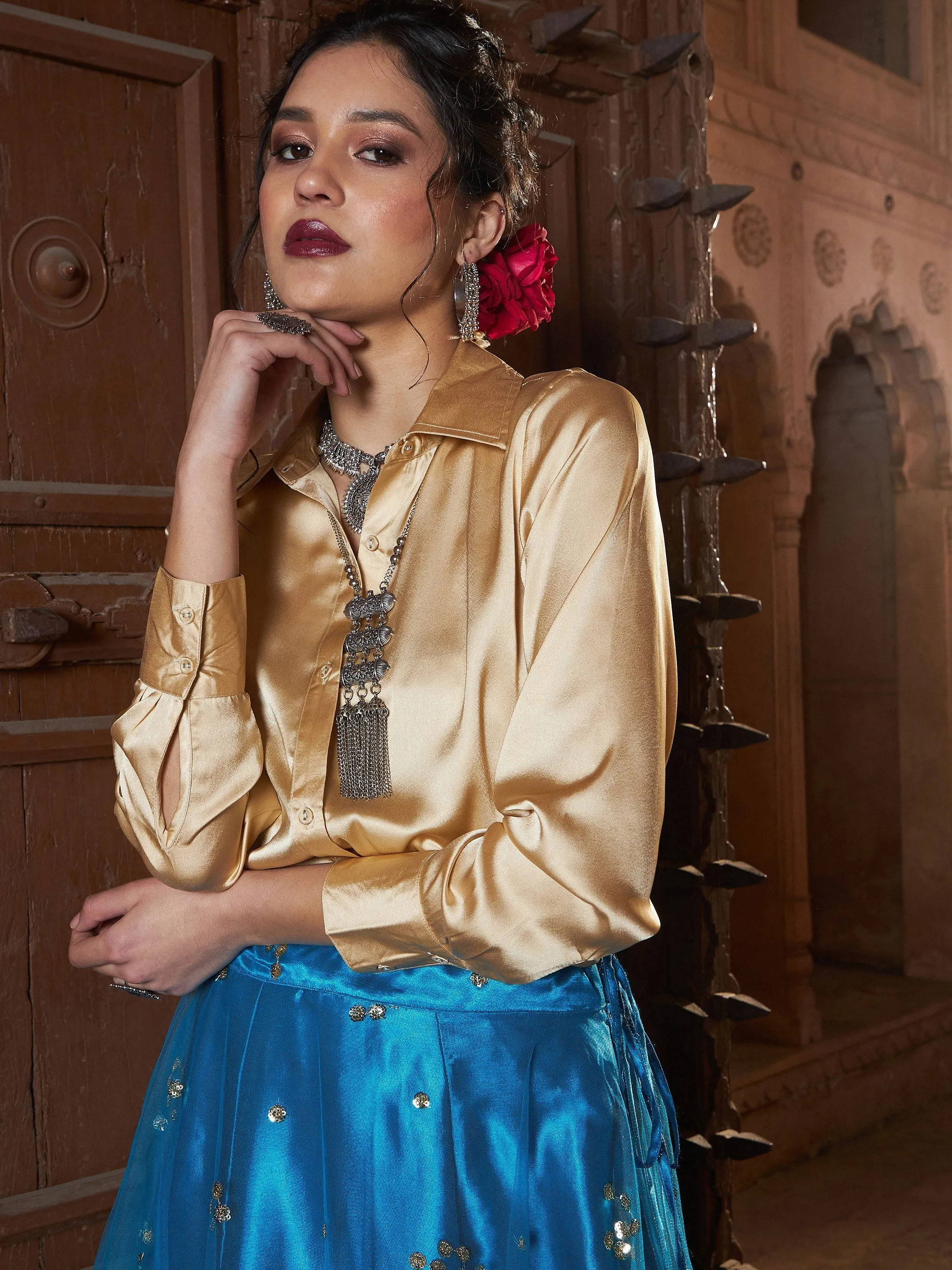 Women Gold Satin Shirt With Teal Tulle Sequin Skirt