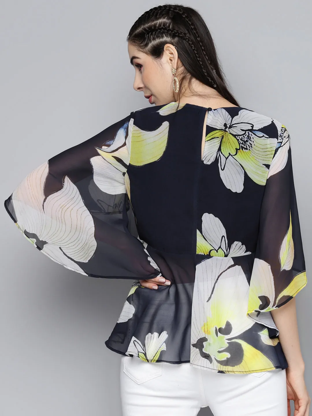 Women Navy Blue Floral Cape Top