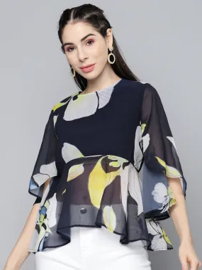 Women Navy Blue Floral Cape Top