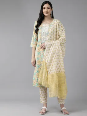 Women Yellow Pure Cotton Kurta Set With Dupatta