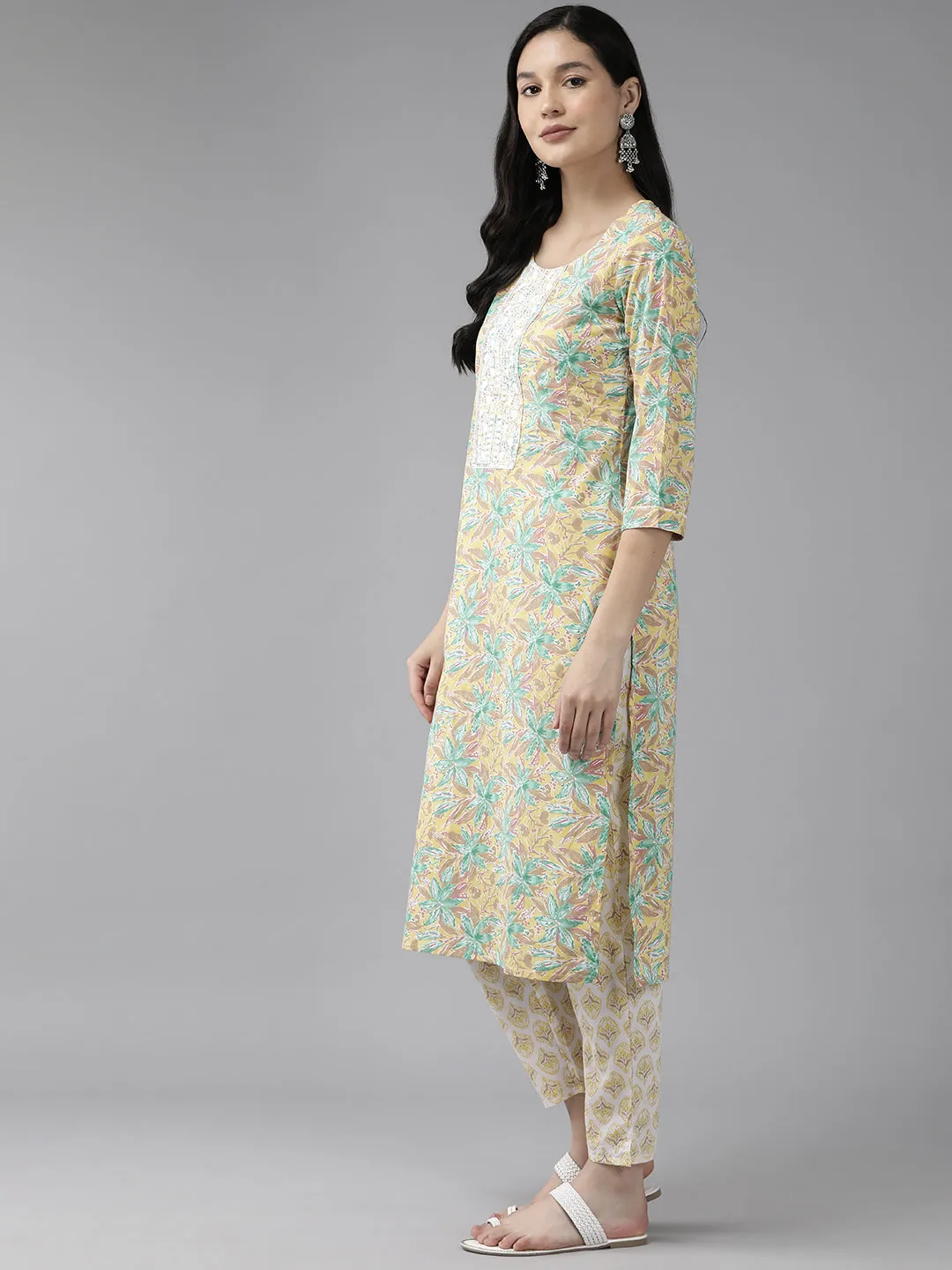 Women Yellow Pure Cotton Kurta Set With Dupatta