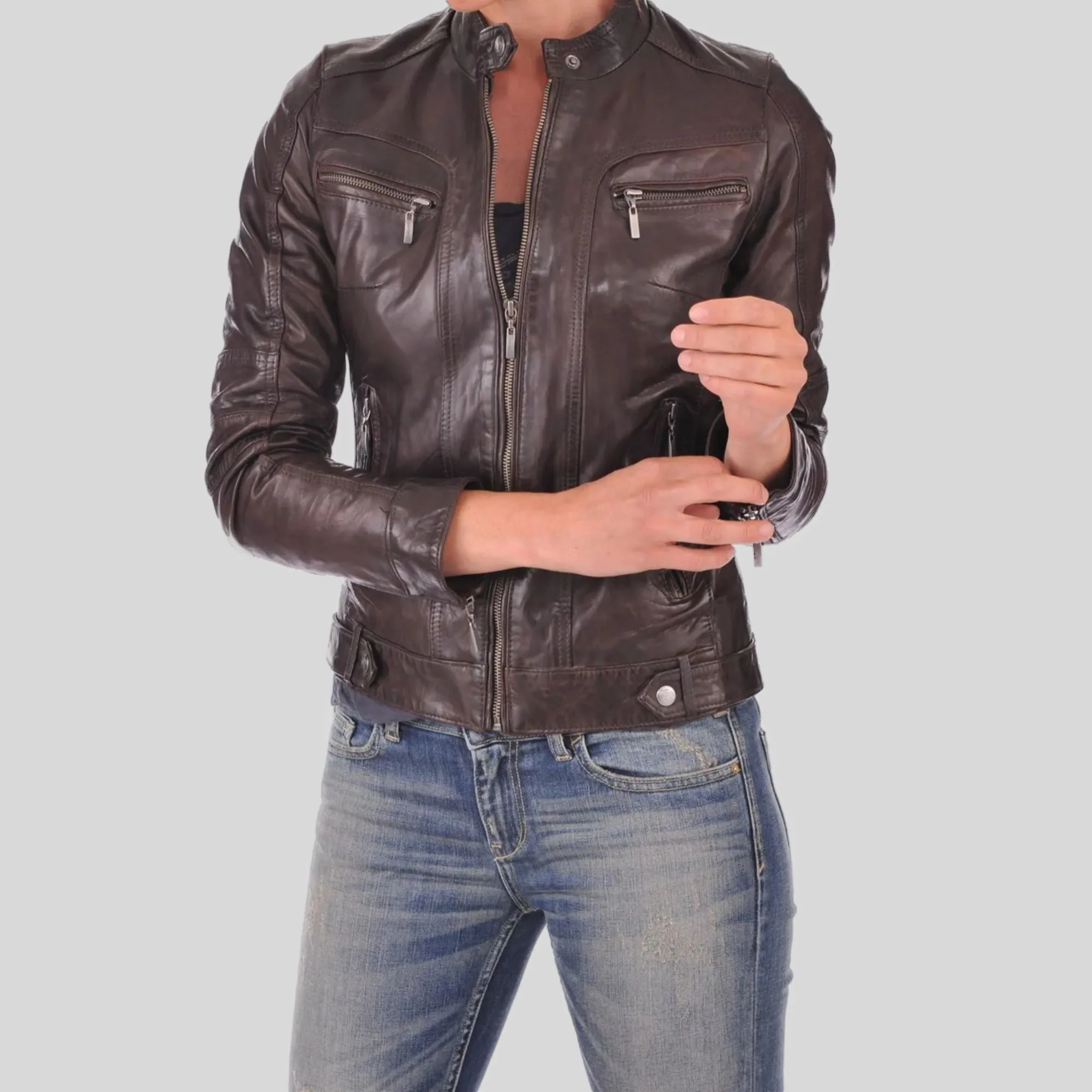 Women's Brown Geniune Lambskin Cafe Racer Leather Jacket