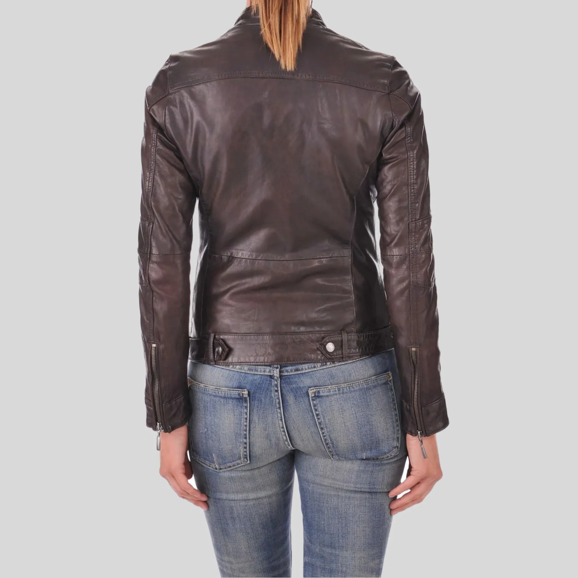 Women's Brown Geniune Lambskin Cafe Racer Leather Jacket