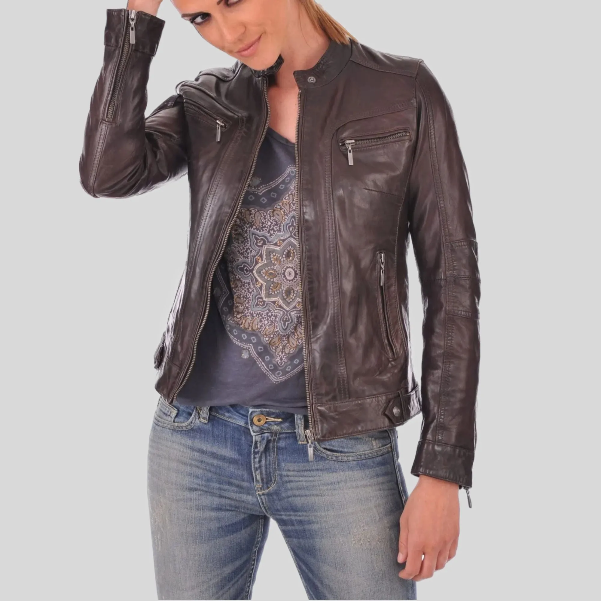 Women's Brown Geniune Lambskin Cafe Racer Leather Jacket