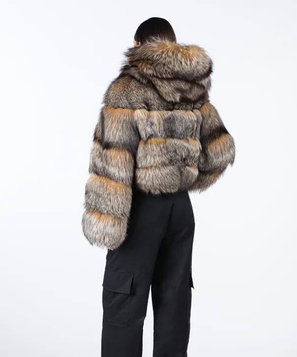 Women's Caramel Brown Hooded Fox Fur Jacket