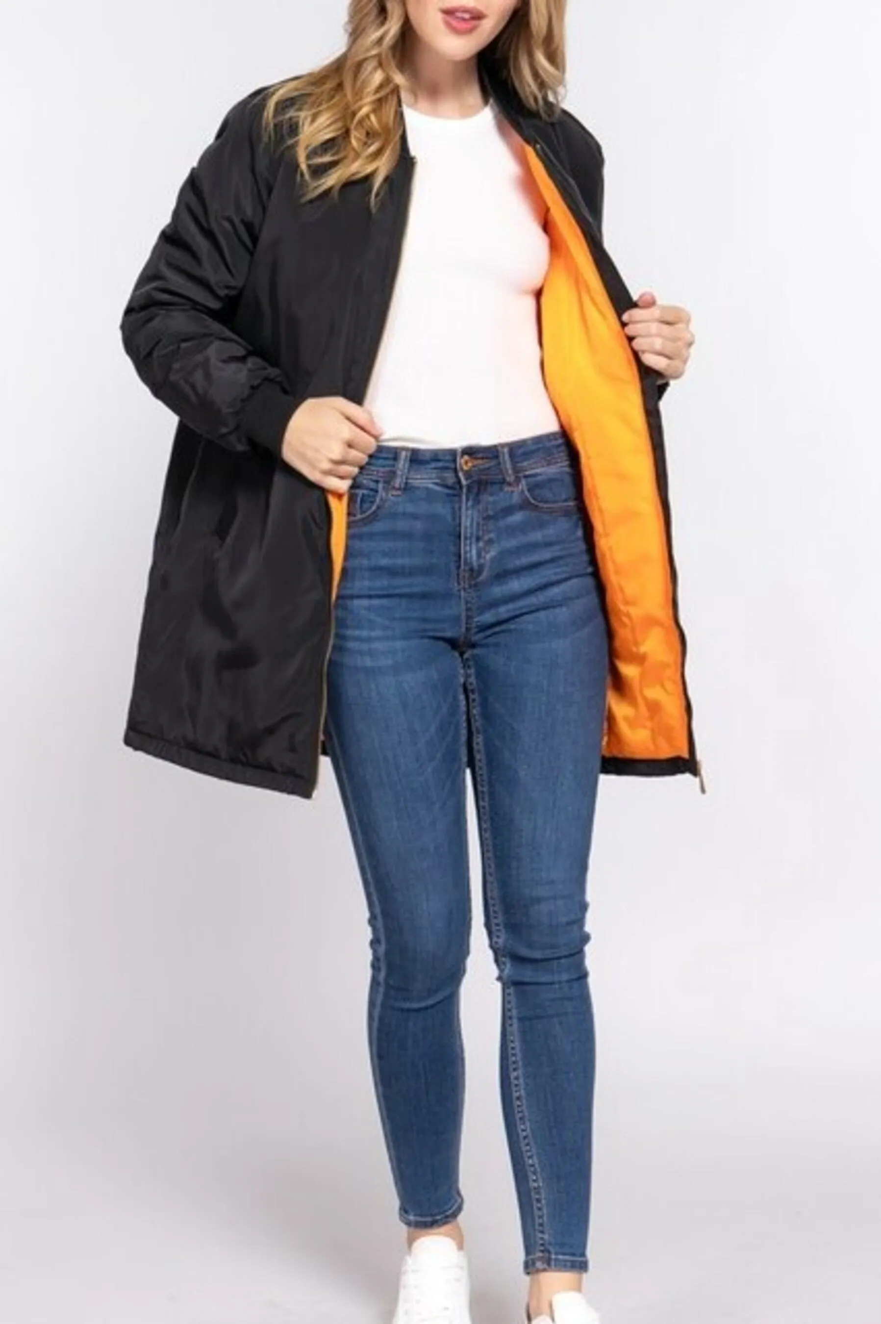 Women's Casual long bomber zip up jacket coat