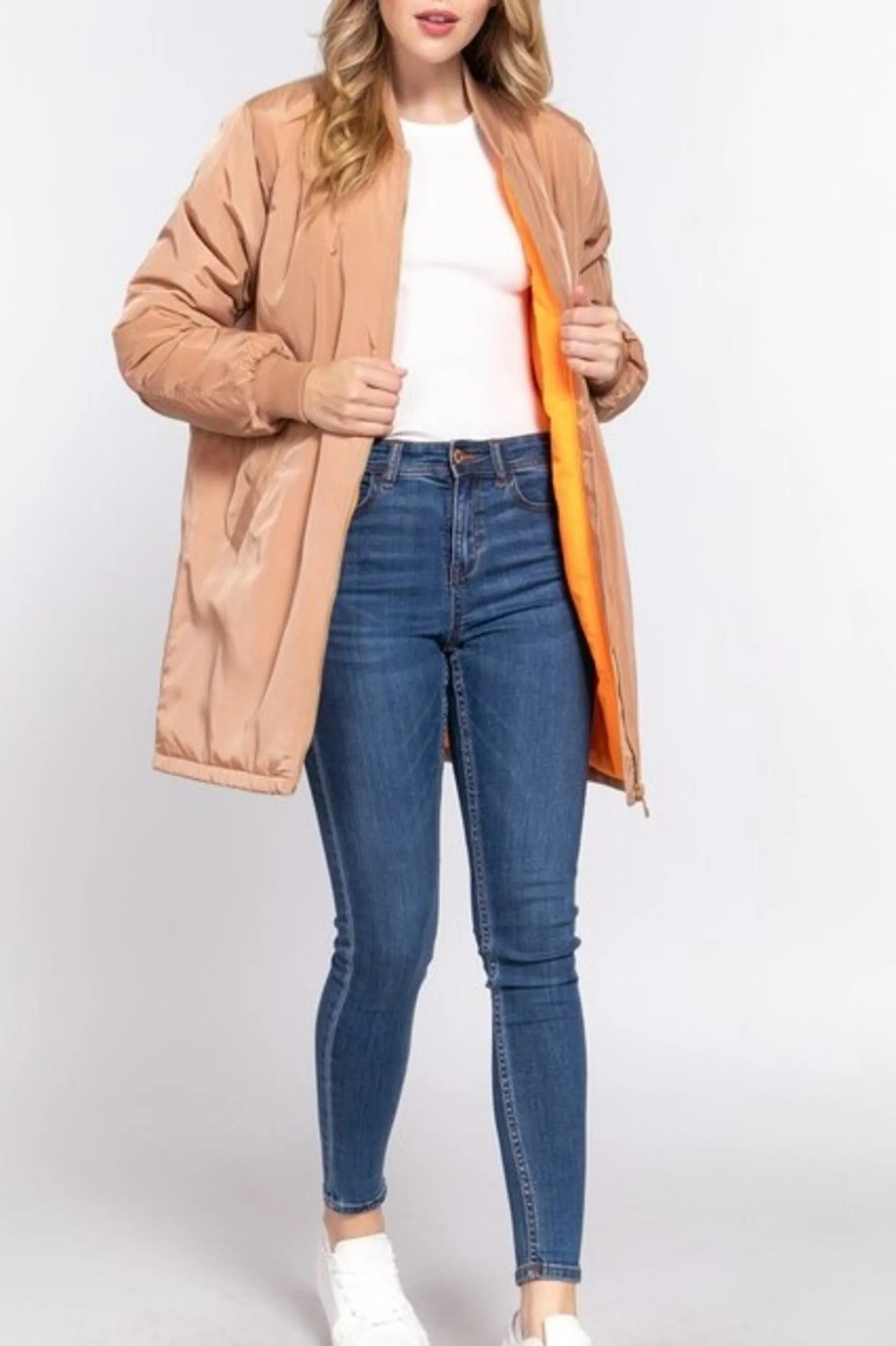 Women's Casual long bomber zip up jacket coat