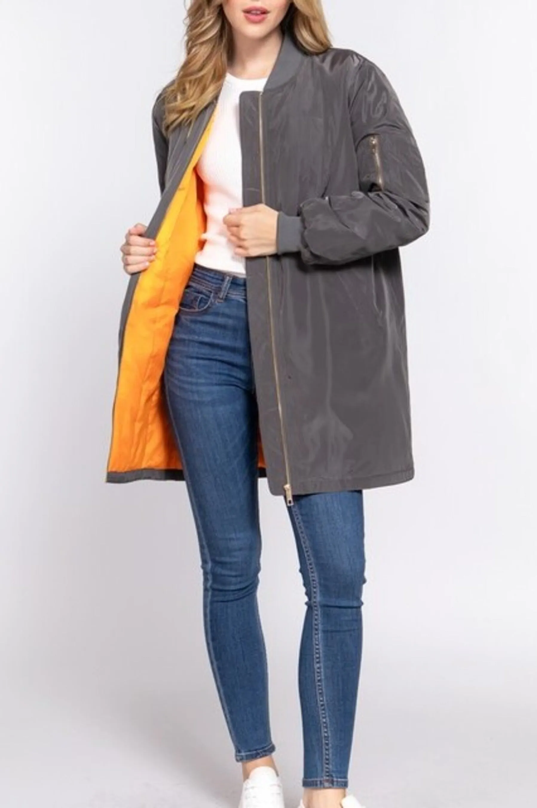 Women's Casual long bomber zip up jacket coat