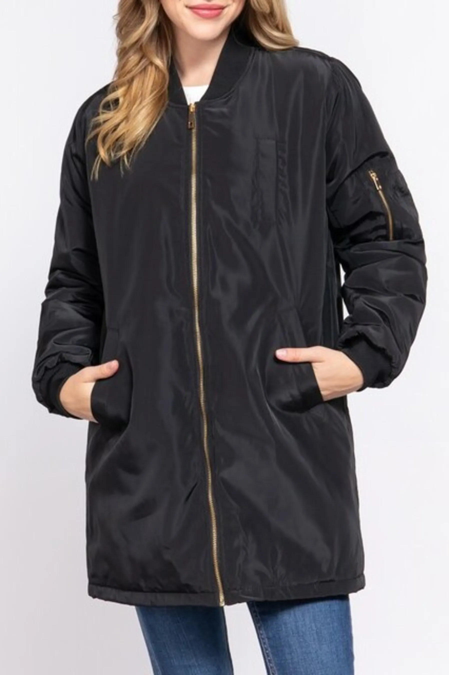 Women's Casual long bomber zip up jacket coat