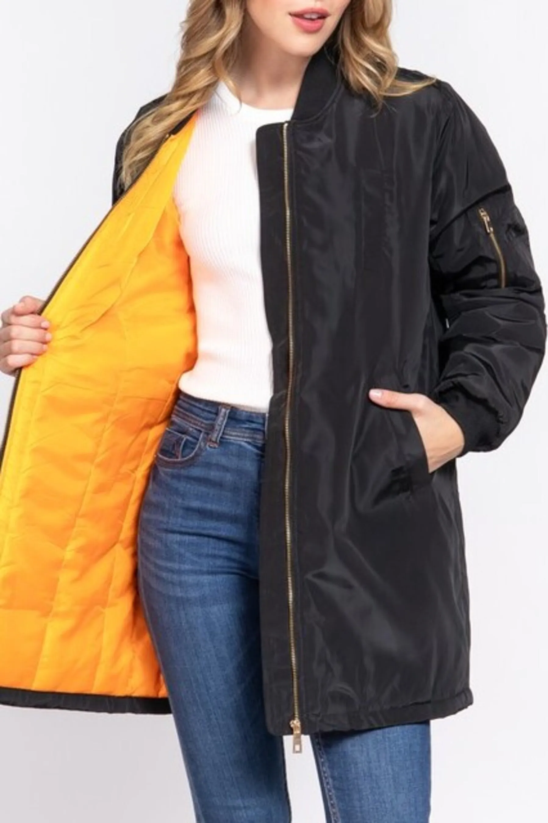 Women's Casual long bomber zip up jacket coat