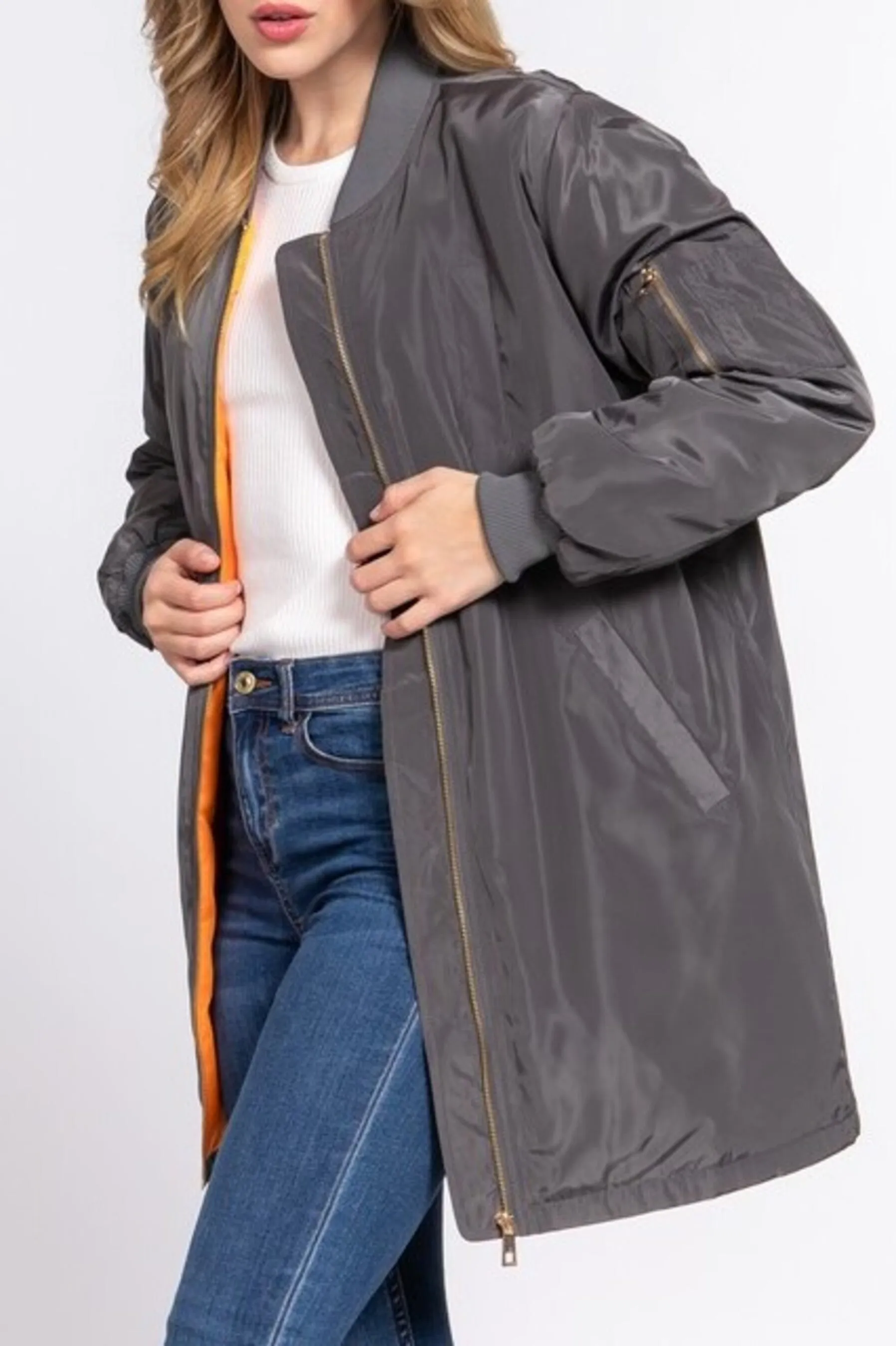 Women's Casual long bomber zip up jacket coat