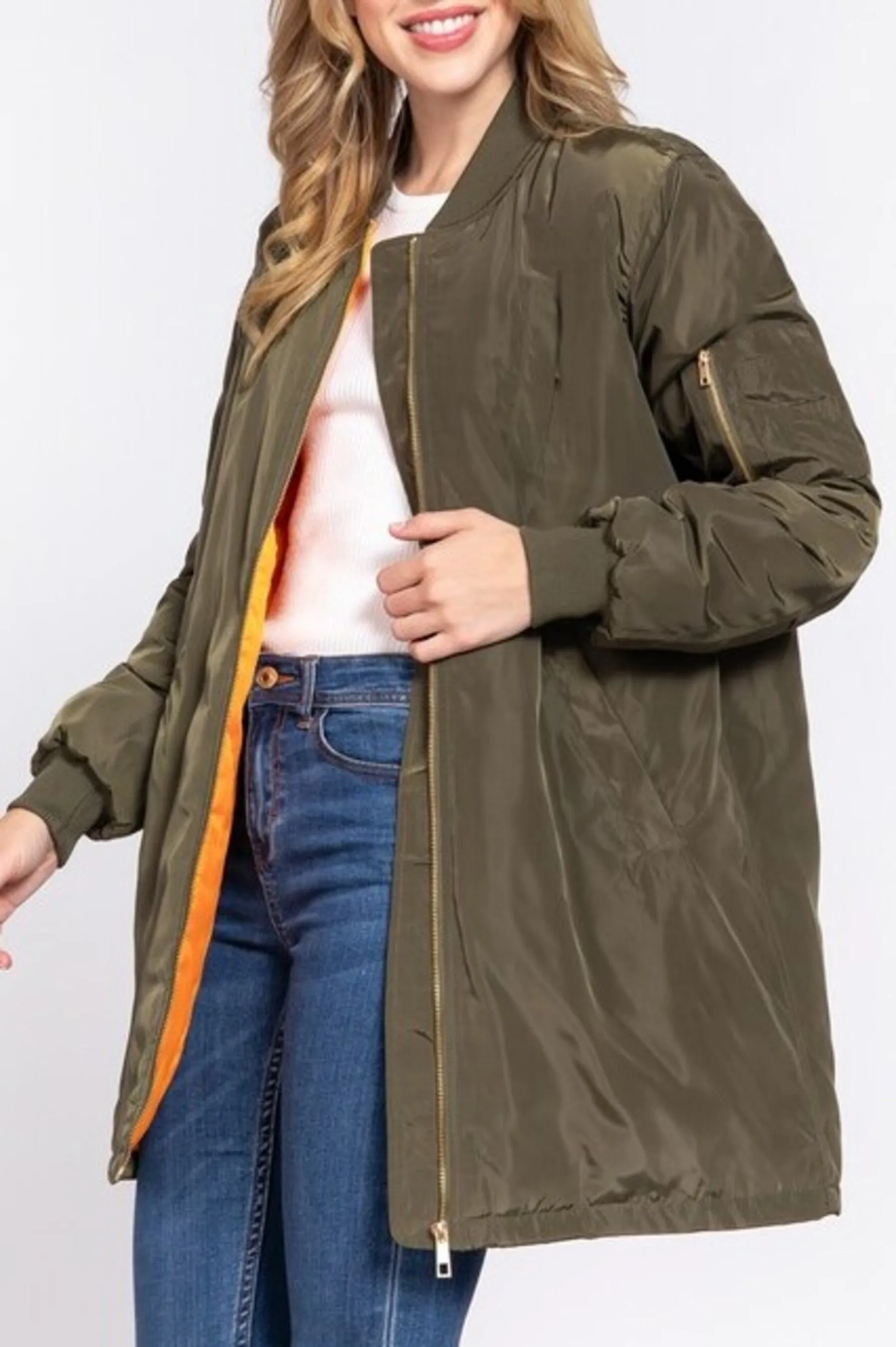 Women's Casual long bomber zip up jacket coat