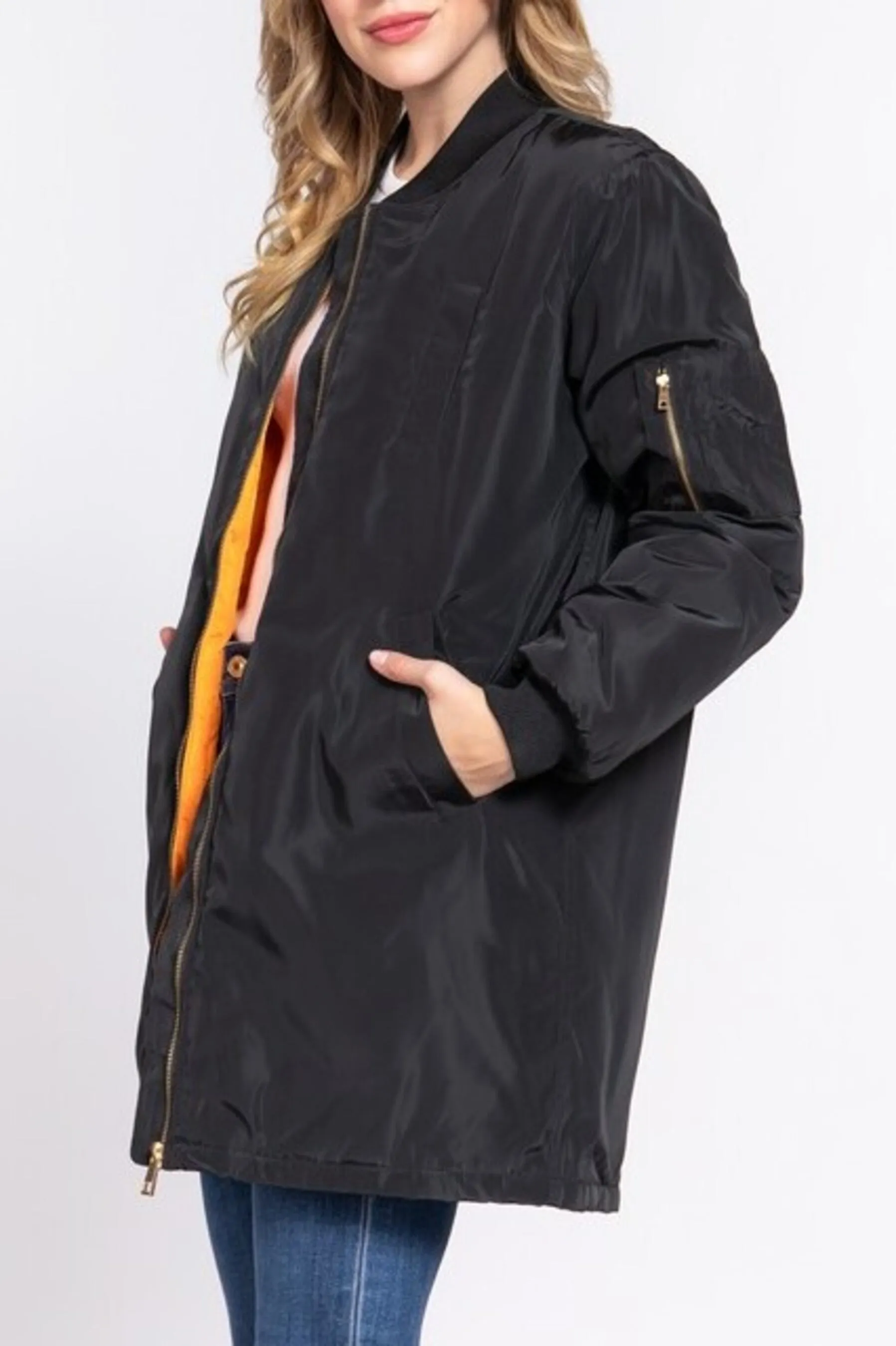 Women's Casual long bomber zip up jacket coat