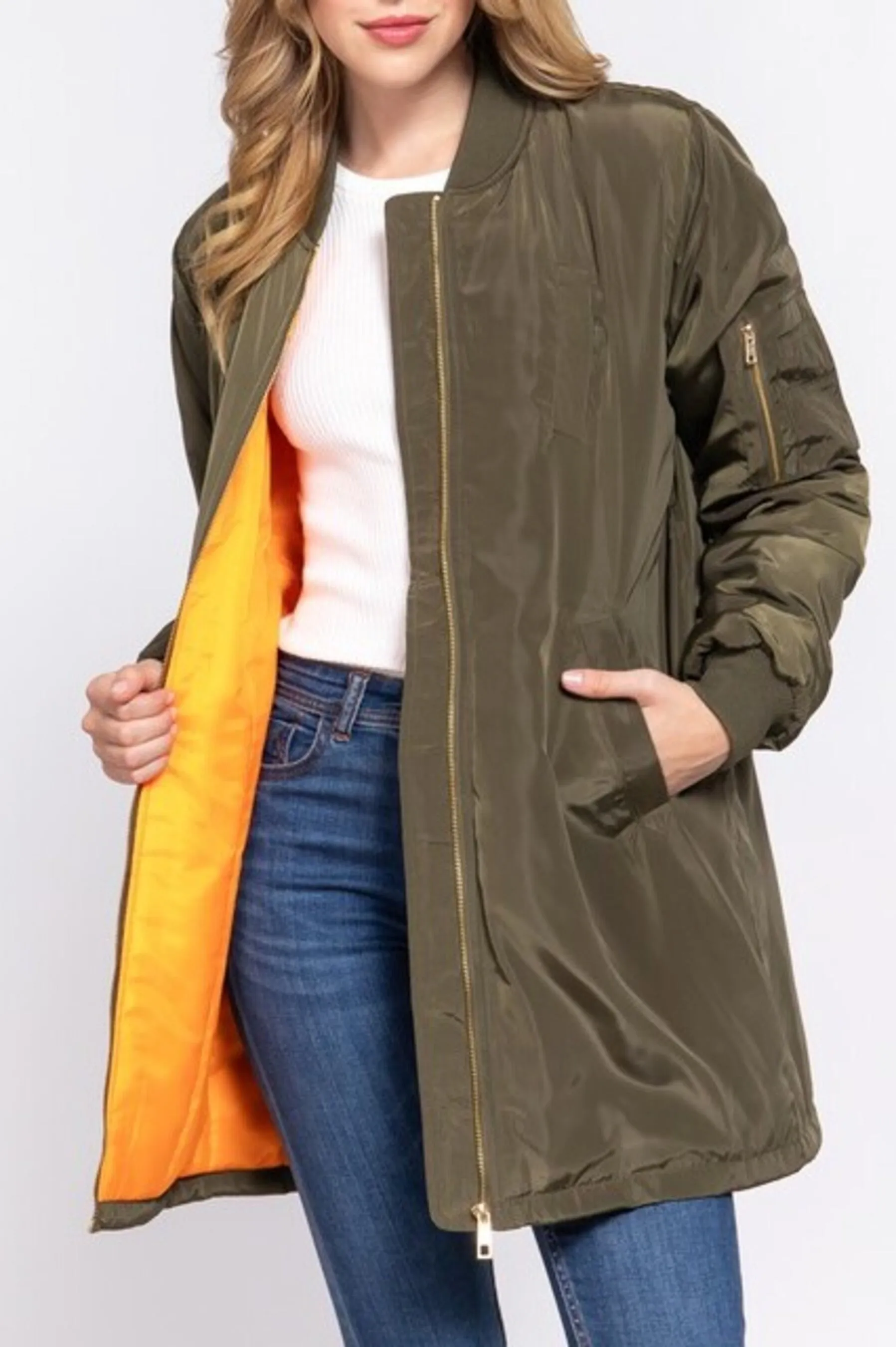 Women's Casual long bomber zip up jacket coat