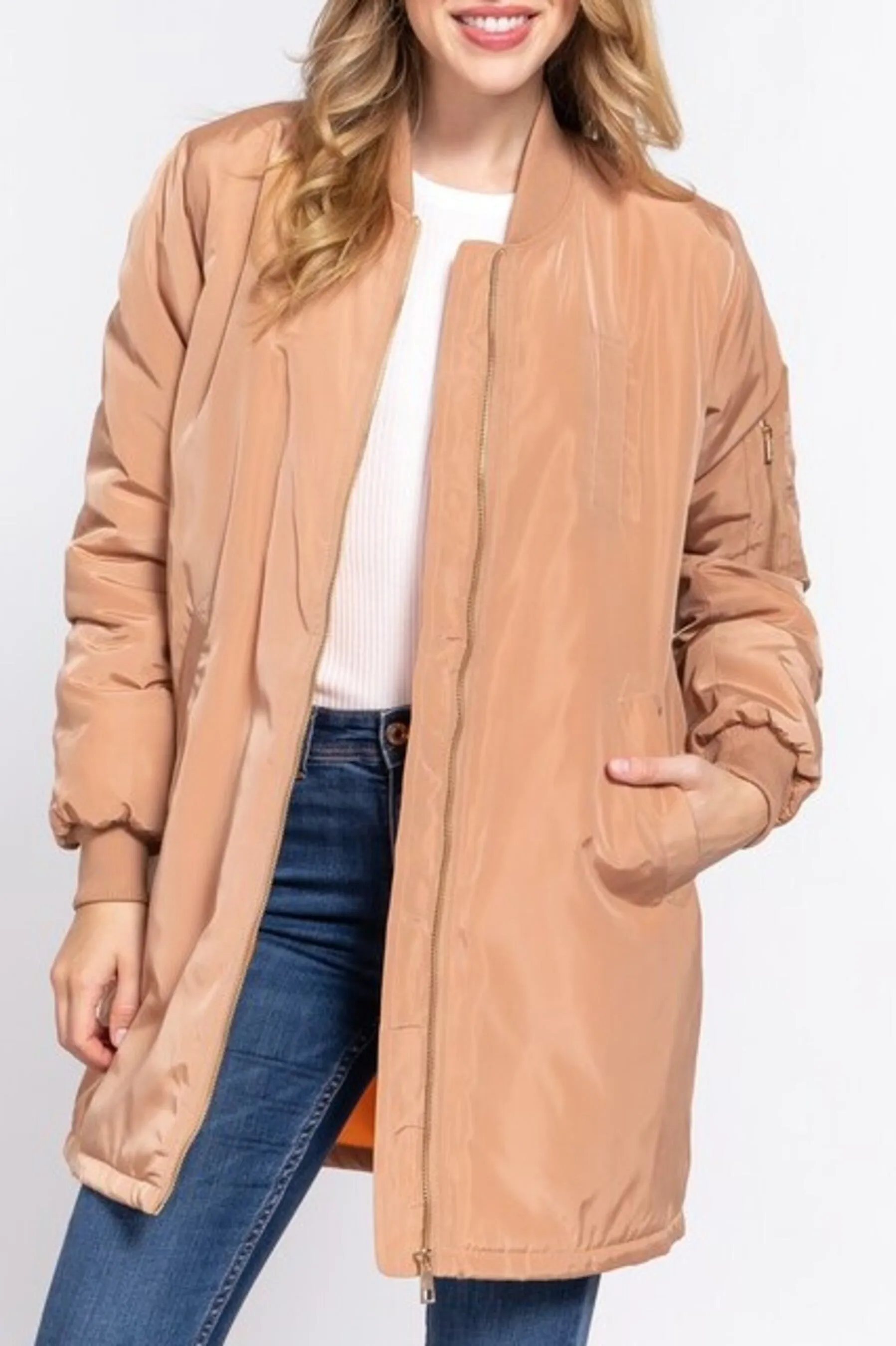 Women's Casual long bomber zip up jacket coat