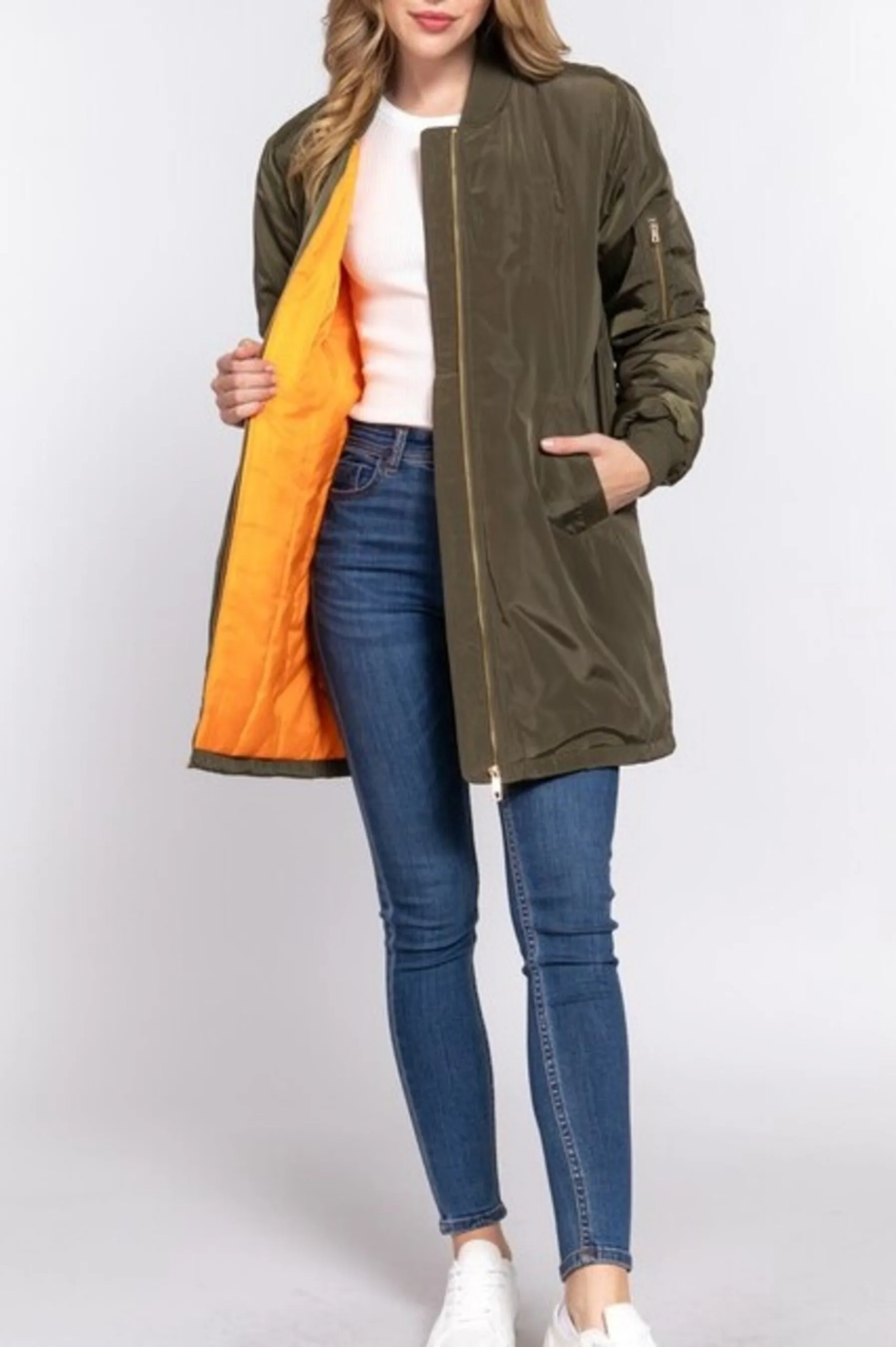 Women's Casual long bomber zip up jacket coat