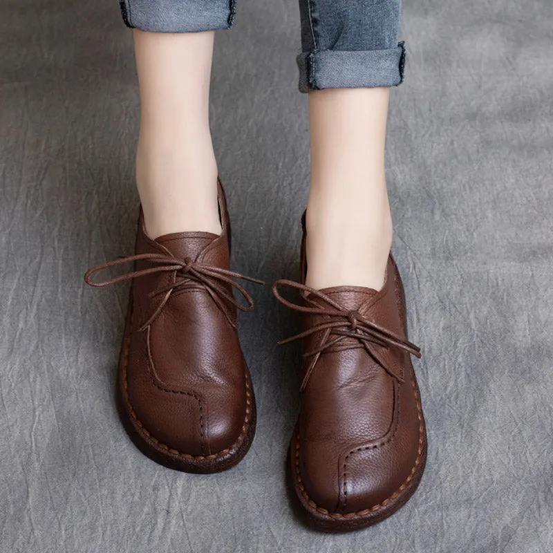 Womens Handmade Leather Vintage Lace-up Flats Shoes