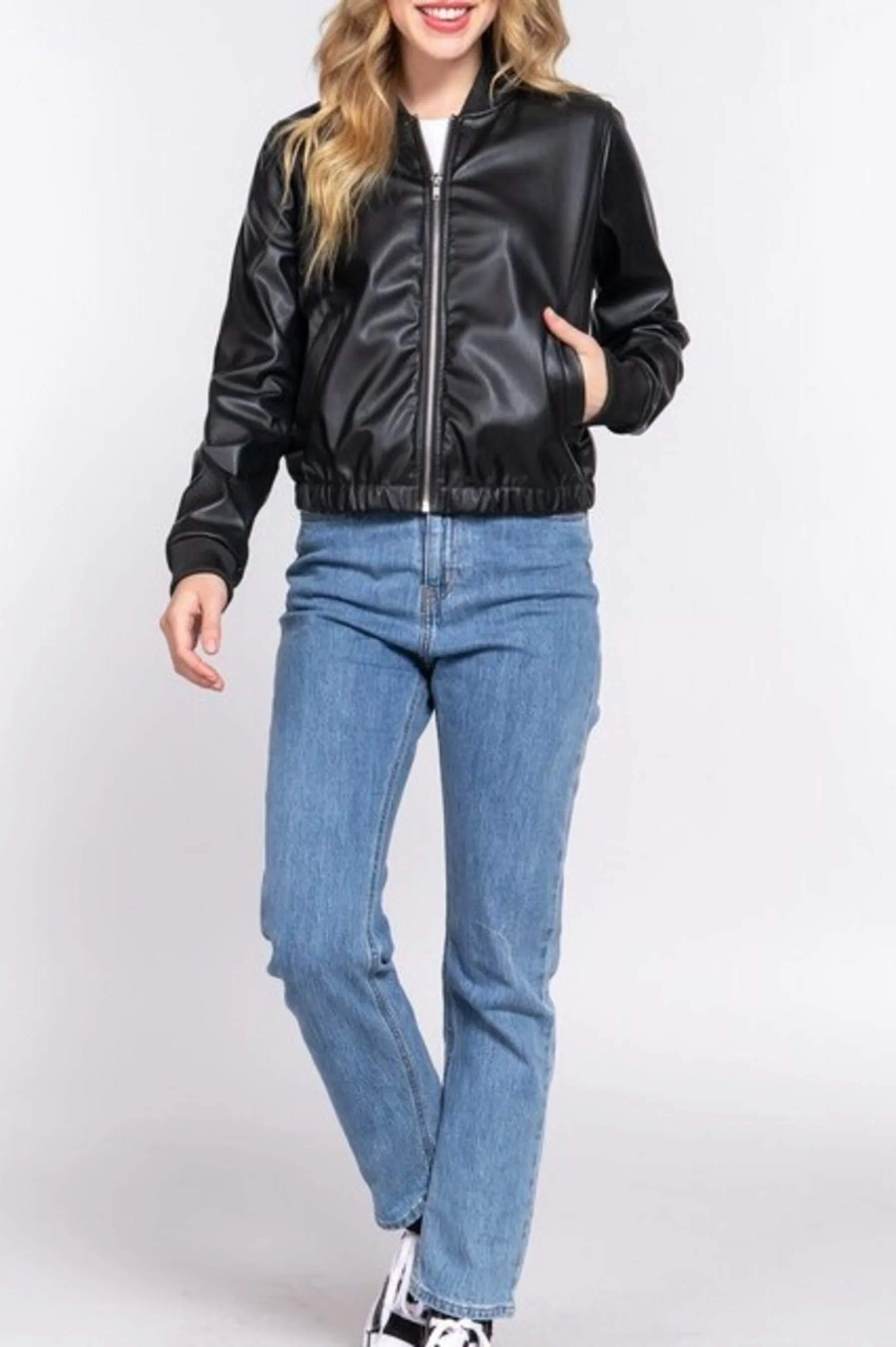 Women's Inner faux fur pu bomber jacket