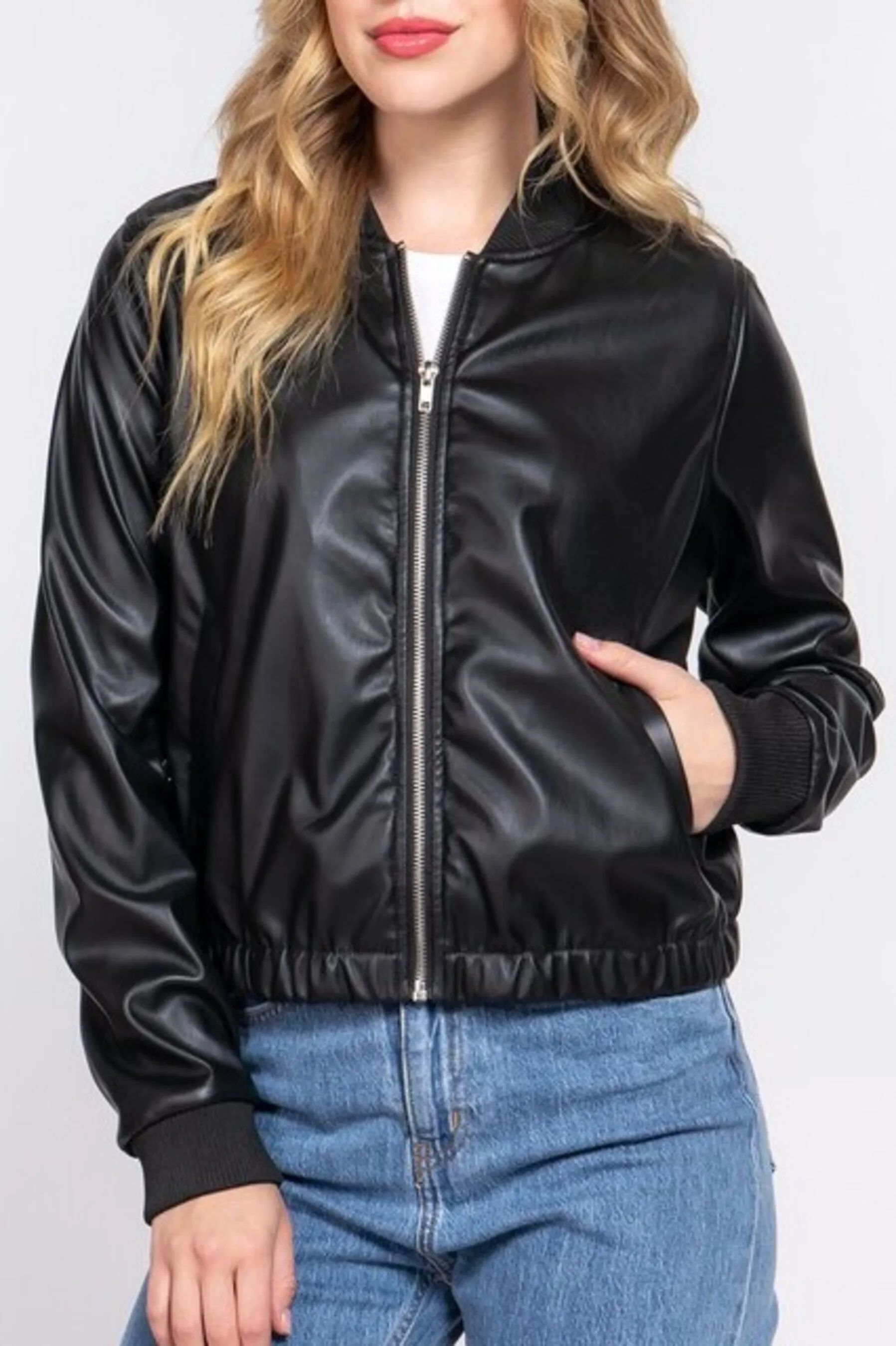 Women's Inner faux fur pu bomber jacket