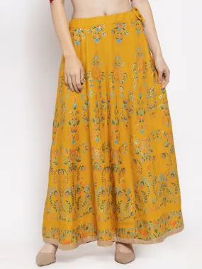 Women'S Mustard Printed Flared Rayon Maxi Skirt