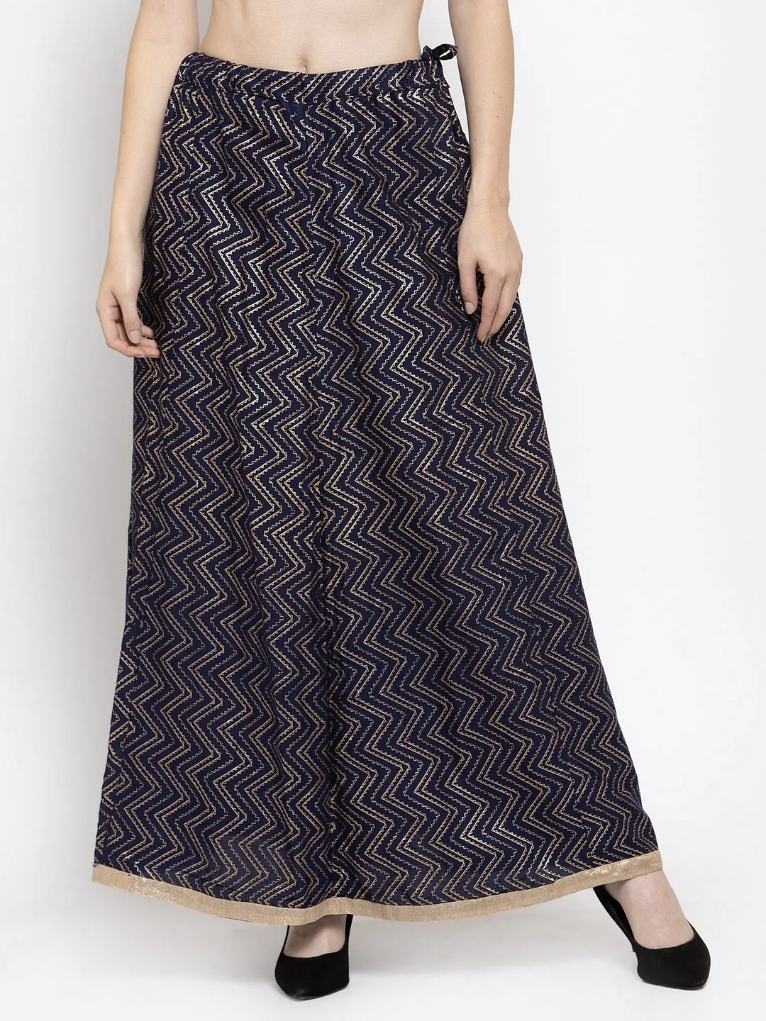 Women'S Navy Blue Zigzag Printed Flared Maxi Skirt