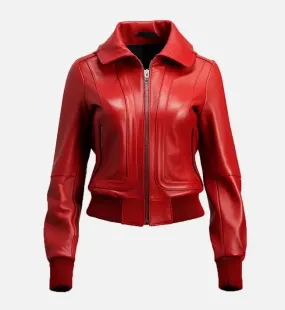 Women's Red Bomber Leather Jacket