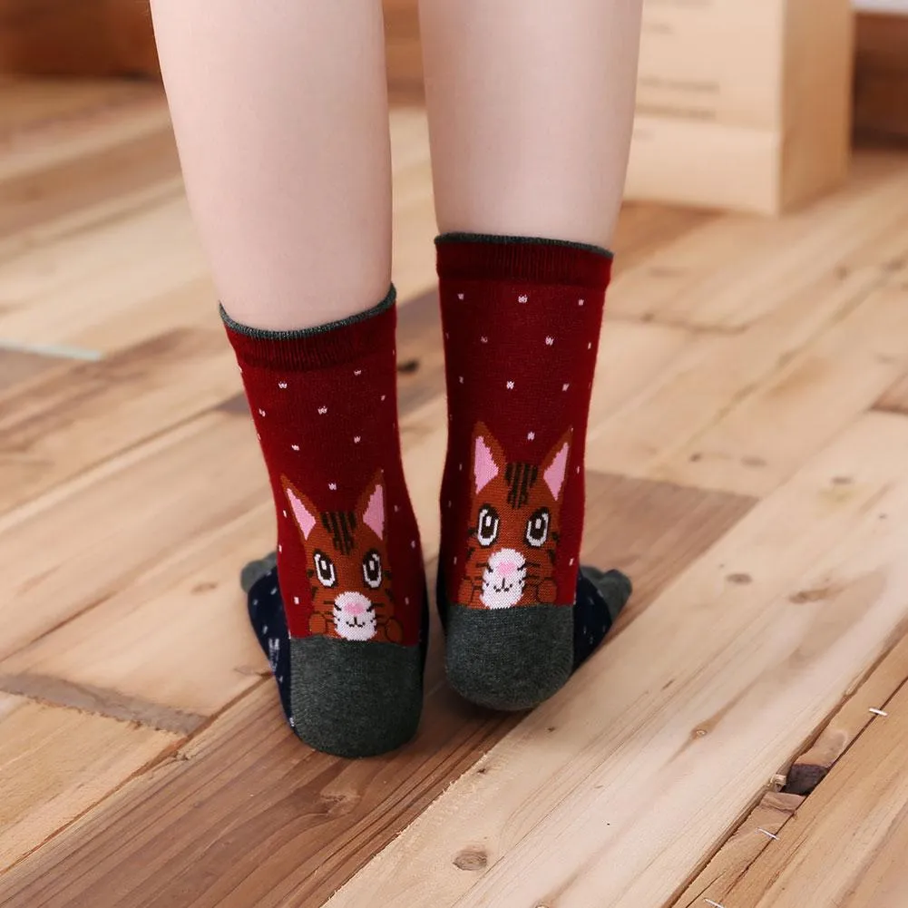 ZFSOCK Cute Cat Design 5 Finger Crew Socks for Women, 5 Pairs