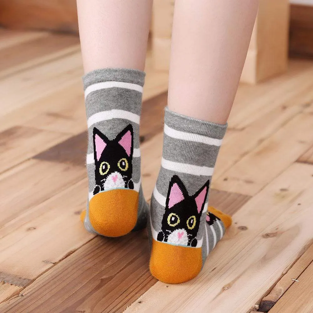 ZFSOCK Cute Cat Design 5 Finger Crew Socks for Women, 5 Pairs