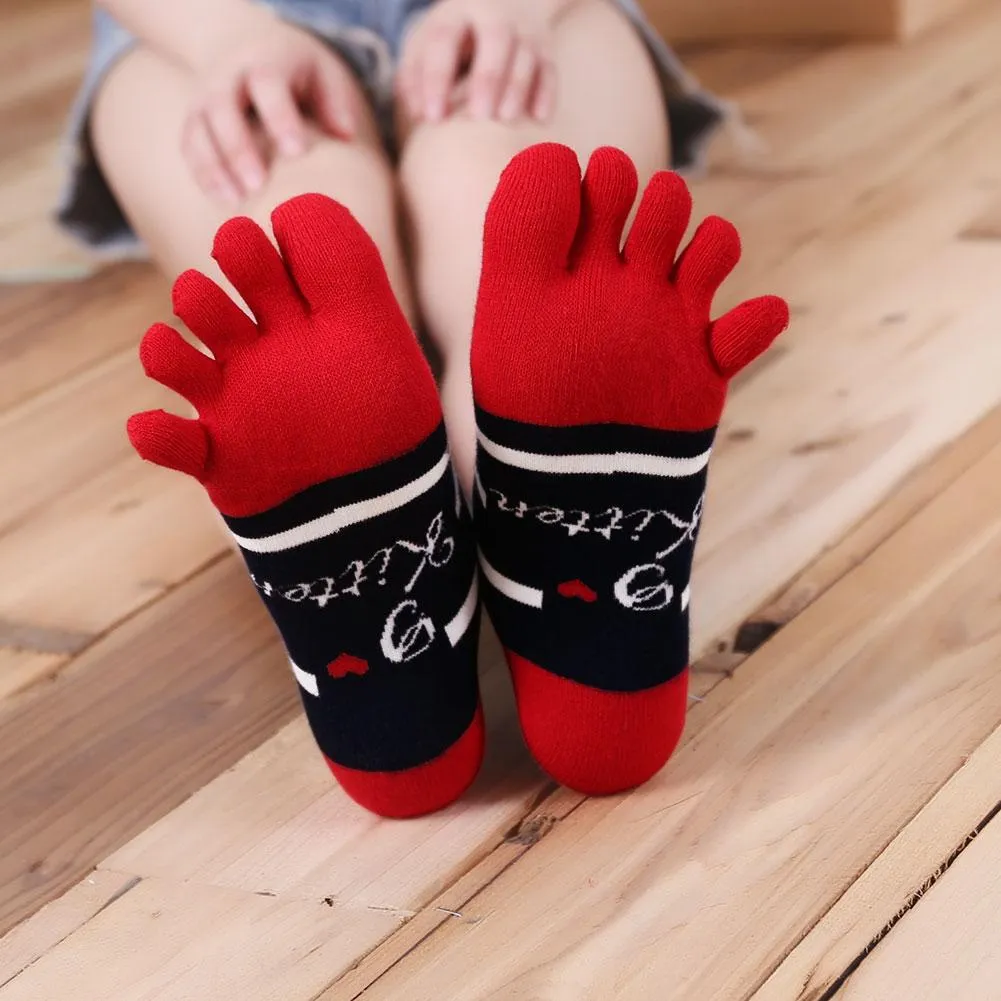 ZFSOCK Cute Cat Design 5 Finger Crew Socks for Women, 5 Pairs