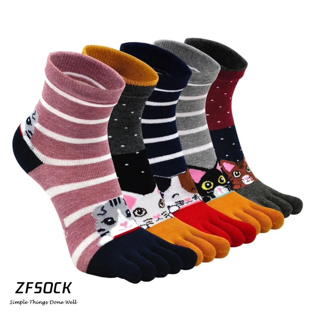 ZFSOCK Cute Cat Design 5 Finger Crew Socks for Women, 5 Pairs